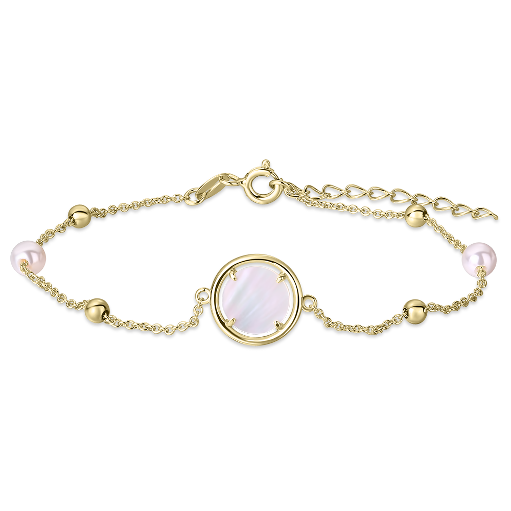 Mother Of Pearl Munt met Kralen en Parels Armband | 14k goud | 8 mm breed | 17 + 3 cm