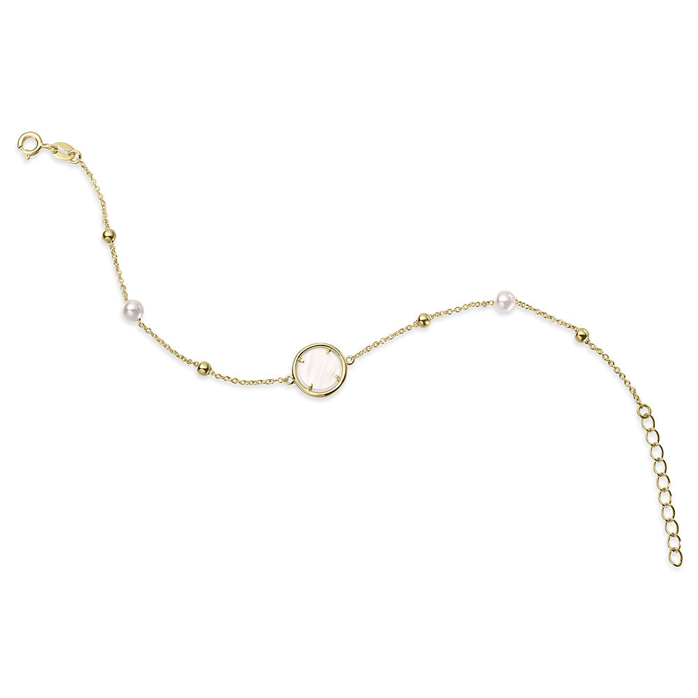 Mother Of Pearl Munt met Kralen en Parels Armband | 14k goud | 8 mm breed | 17 + 3 cm