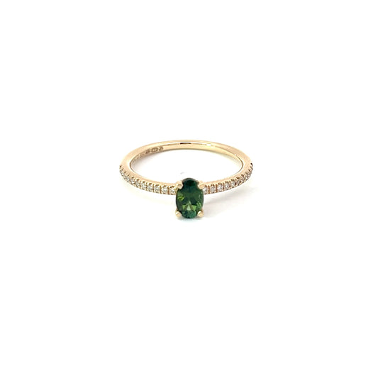 Sollitaire ring | Edelsteen groene toermalijn 0.48ct | 14k geelgoud | diamant 0.10ct