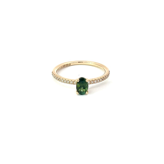 Sollitaire ring | Edelsteen groene toermalijn 0.48ct | 14k geelgoud | diamant 0.10ct